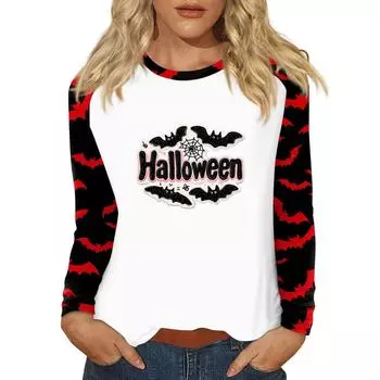 Women s T Shirt Halloween Print Long Sleeve Daily Fashion Basic Round Neck Raglan Sleeve Top XL чёрный