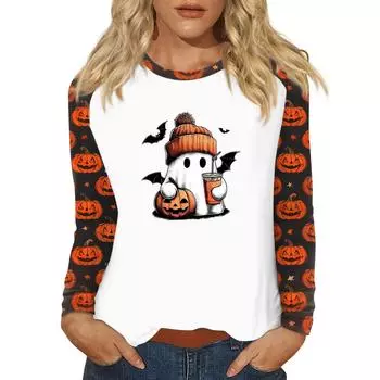 Women s T Shirt Halloween Print Long Sleeve Daily Fashion Basic Round Neck Raglan Sleeve Top XL