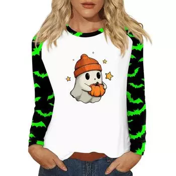Women s T Shirt Halloween Print Long Sleeve Daily Fashion Basic Round Neck Raglan Sleeve Top XL белый