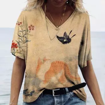 Women s T Shirt Manga Cat 3D Print Harajuku Summer Short Sleeve Top V-Neck Casual Women s Clothing Oversized Tees Shirt S