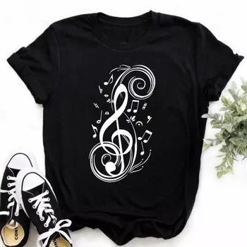 Women s T-shirt Music Note Printed Top Women s New Black T-shirt Women s Fashion Pattern T-shirt Women s Top T-shirt XS