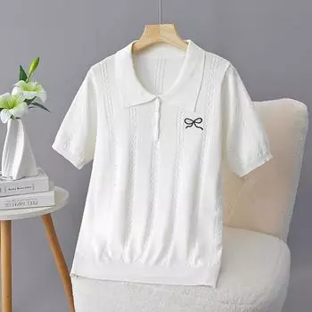 Women s T-shirt Short-sleeved Butterfly Embroidered Summer Jacquard Sweater Ice Silk Shirt Lapel Top XXXXL