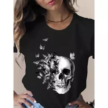 Women s T-shirt Skull Butterfly Flower Printed Short Sleeve Round Neck Loose Women s T-shirt Women s T-shirt Top XS