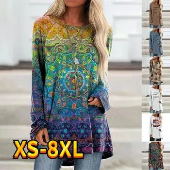 Женская футболка с абстрактным рисунком, радужным принтом, повседневная, праздничная, с длинным рукавом, с круглым вырезом, с цветочным принтом, XS-8XL XL