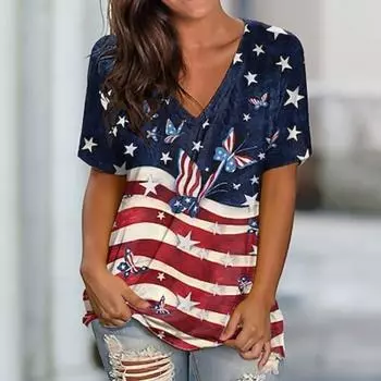 Женская футболка с принтом американского флага День независимости Стильная повседневная футболка с коротким рукавом и V-образным вырезом Синяя летняя S