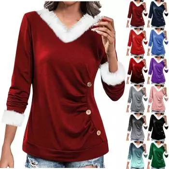 Women s T Shirt Tee Casual Loose Shirts Long Sleeve Plush Side Button Ruffle Print Blouse Pullover Tops XXL красный