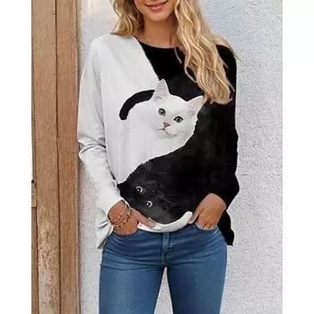 Жен. Футболка Футболка с котом 3D Повседневные выходные Черный Розовый Синий С принтом Длинный рукав Мода Круглый вырез Обычный крой Весна и осень S