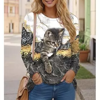 Women s T shirt Tee Cat Print Daily Weekend Fashion Funny Long Sleeve Round Neck Yellow Spring & Fall S