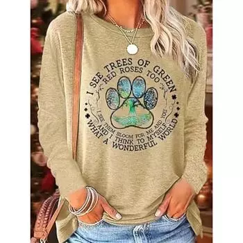Women s T shirt Tee Cotton Cat Letter Print Daily Weekend Fashion Casual Long Sleeve Round Neck Khaki Spring & Fall S