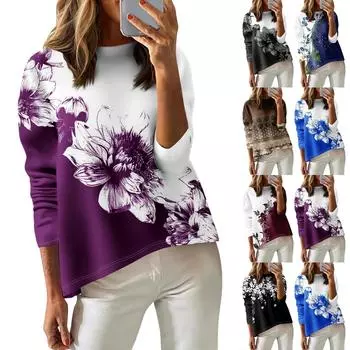 Женская футболка с цветочным принтом, длинный рукав, повседневная, выходного дня, модная, с заниженной линией плеч, с круглым вырезом, блузка L чёрный