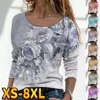 Женская футболка с цветочным принтом, повседневная футболка с рисунком выходного дня, с длинным рукавом и круглым вырезом, базовая модель XS-8XL 5XL