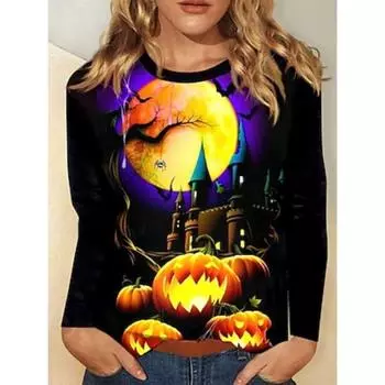 Women s T shirt Tee Print Halloween Daily Casual Funny Long Sleeve Crew Neck Round Neck Black Spring Fall S