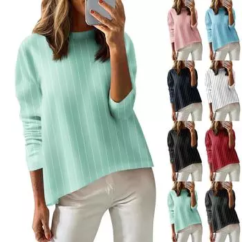 Women s T Shirt Tee Stripes Printed Long Sleeve Daily Weekend Fashion Drop Shoulder Round Neck Top Blouse L чёрный