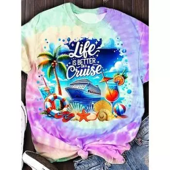 Women s T Shirt Tie Dye Letter Casual Short Sleeve Round Neck Regular Tops Daily Print Pink Purple Summer S