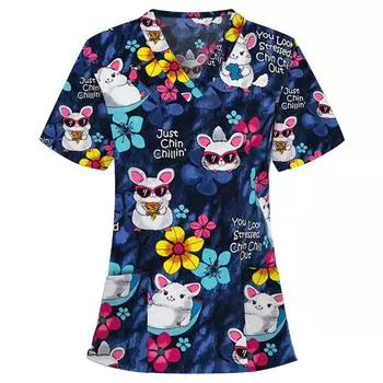 Women s T-shirt V-neck Nurse Uniform Commuting Comfortable Short Sleeved Cute Bunny T-shirt S