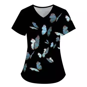 Women s T-shirt V-neck Nurse Uniform Casual and Comfortable Short Sleeved Women s Solid Color Butterfly T-shirt S