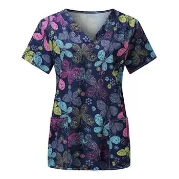 Women s T-shirt V-neck Nurse Uniform Commuting Comfort Women s Whole Butterfly 3D Printed T-shirt S