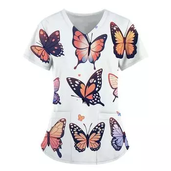 Women s T-shirt V-neck Nurse Uniform Commuting Comfortable Short Sleeved Butterfly Printed T-shirt for Women S