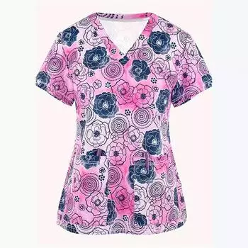 Women s T-shirt V-neck Nurse Uniform Casual and Comfortable Short Sleeved Women s Bright Flower T-shirt XXS