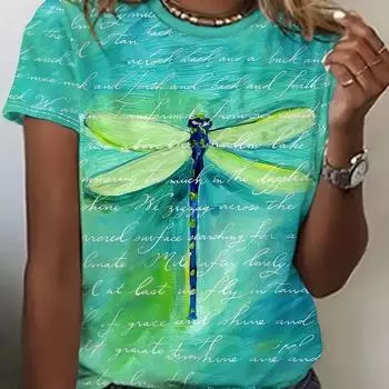 Women s T-shirt with Pink Dragonfly Print Round Neck Top S