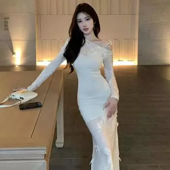 Women s temperament gentle slanted shoulder splicing slim-fitting long-sleeved dress S абрикосовый