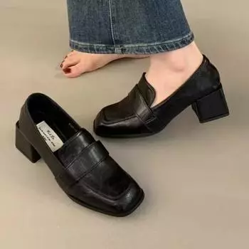 Women s Temperament Leather Shoes 35-39 Soft Leather Square Head One Word Horse High Heels Square Heel Elegant Mary Jane Shoes 35 чёрный