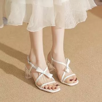 Женские босоножки Temperament 2024 года, летняя новая модная тенденция, элегантные туфли на прозрачном каблуке с бабочкой и римским узлом для улицы, высокие каблуки 34 фиолетовый