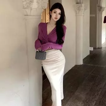 Women s temperament sexy kink knit top skirt set average size