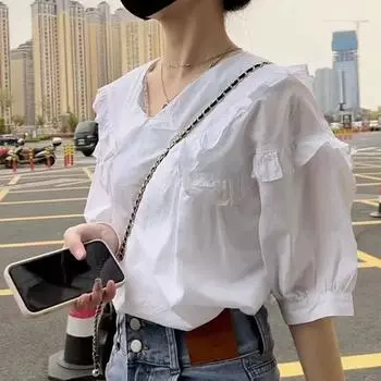 Women s Tencel Puff Sleeve Doll Collar Blouse - Summer 2024 2XL