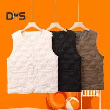 Женский терможилет без рукавов, однобортная куртка с застежкой, однотонный круглый вырез, имитация шелка, хлопковая подкладка, жилет для повседневной носки осенью и зимой XXL чёрный
