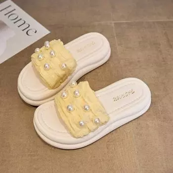 Women s thick-bottomed princess style with outer slippers is super fairy, summer one-word drag sandals are beautiful, pearl fashion style 35 жёлтый