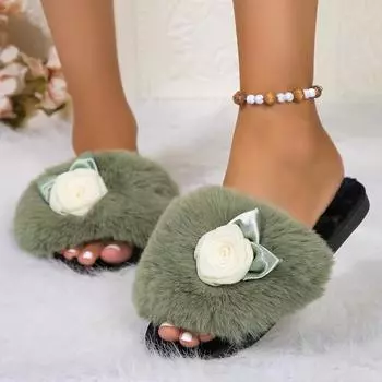 Women s Thick-bottomed Rabbit Fur Slippers Casual Non-slip Warm Indoor Slippers Outside Mid-heel Sandals Women Plush Slippers 36-37 чёрный