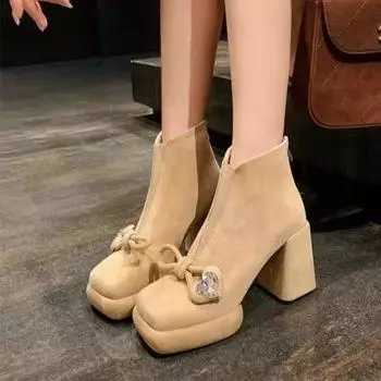 Women s Thick Heel Cotton Boots New Winter Square Head Suede Crystal Buckle Thick Sole Back Zipper Non-slip Short Boots 35 бежевый