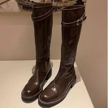 Women s Thick Heel High Boots Winter New Round Head Side Zipper Belt Buckle Soft Sole Anti-slip Wear-resistant Single Boots 35 чёрный