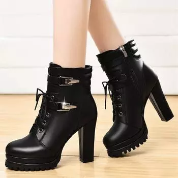 Women s Thick Heel Short Boots Autumn Winter High Heel Shoes with Velvet Lace Up Women s Boot 40 чёрный