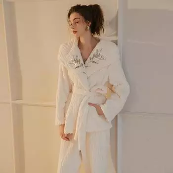 Women’s Thick Plush Hooded Sleeping Suits Sexy Velvet Embroidered Lace Up Outer Robe and Pants Lounge Pajamas Comfortable Clothing one size