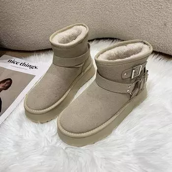 Women s Thick Snow Boots Winter New Round Head Suede Rivet Metal Buckle Anti-slip Wear-resistant Short Boots 35 бежевый