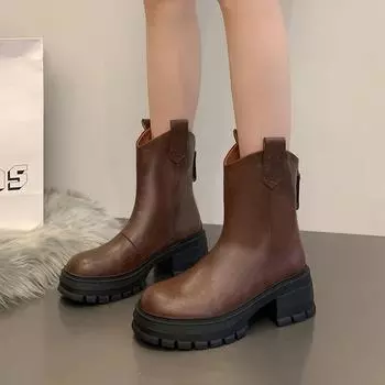 Женские ботинки на толстой подошве 2024 года, новые модные женские ботинки Chelsea в стиле панк-готика с однотонной подошвой 35 коричневый