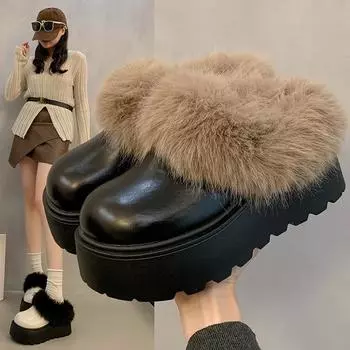Women s Thick Sole Casual Shoes Anti-slip Round Head Keep Warm Shallow Mouth One Kick Winter Boots Middle Follow Velvet Lining 35 чёрный
