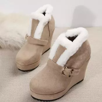 Women s Thick Sole Cotton Boots New Winter Round Head Suede Side Zipper Thick Sole Anti-landslide Heel Ankle Boots 36 бежевый