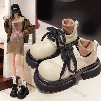Women s Thick Sole Height Increasing Loafers 2024 Autumn New Fashion Round Toe Lace Up Retro Leather Shoes Japan Casual Shoes 35 чёрный
