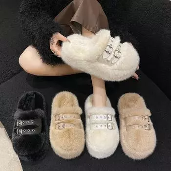 Women s Thick-Sole Non-Slip Fur Slippers for Outdoor Wear - 2024 Autumn/Winter Collection 34 хаки