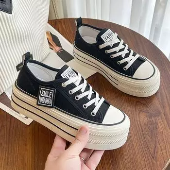 Женские парусиновые туфли на толстой подошве, весна-лето, новые, маленькие, увеличивающие рост, на шнуровке, низкие кеды, белые туфли 35 чёрный