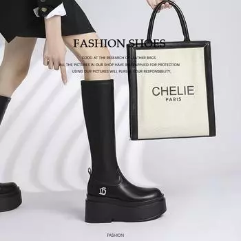 Women s Thick-soled High-tube Mid-tube Boots Autumn New Outdoor Black Wearing Slip-on Casual Boots 35(Foot 22.5cm)