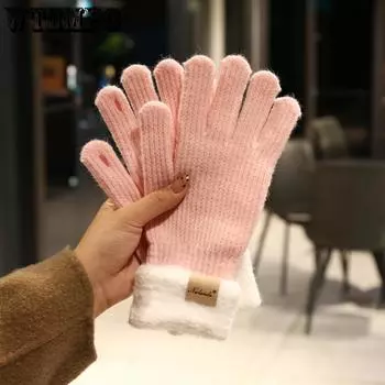 Women s Thick Warm Gloves Winter Simple Plush Splicing Versatile Fingerless Touchscreen Knitted Gloves розовый