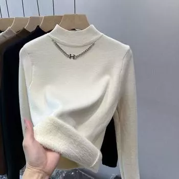 Women s Thickened and Fashionable Half-high Collar Sweater with Lining Autumn and Winter with Integrated Lining S