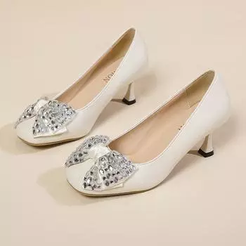 Women s Thin Heel Single Shoes Autumn New Round Head Shallow Mouth Diamond Butterfly Knot Low Top Shoes 34 бежевый