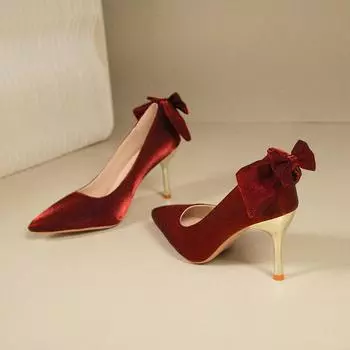 Women s Thin Heel Single Shoes Autumn New Pointed Head Shallow Mouth Butterfly Knot High Heels Wedding Shoes 34