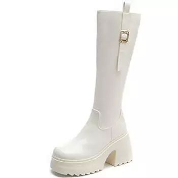 Women s Thin Riding Boots High Heel Knight Genine Leather Thick Heel Long Boots Women s 10cm New Knee-high Boots Thick Soles 34 белый