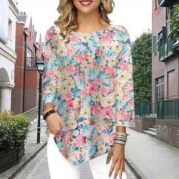 Женская футболка с рукавом три четверти и круглым вырезом, свободные рубашки, повседневные футболки с цветным цветочным принтом XS фиолетовый